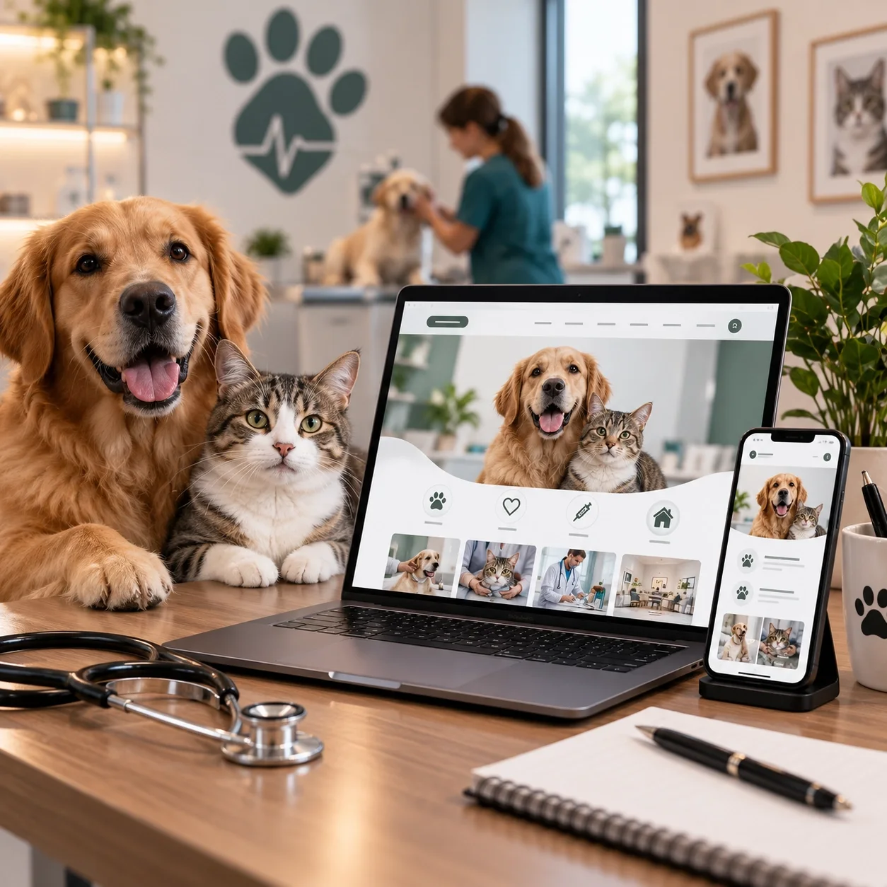 Criação de Sites para Clínicas Veterinárias Portátil com a página inicial do site de uma clínica veterinária