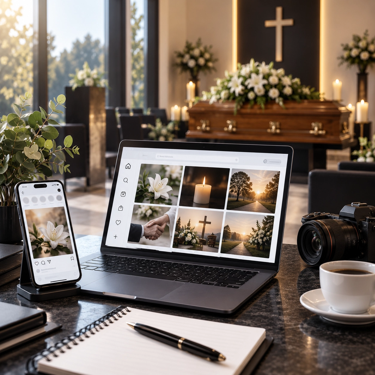 Telemóvel com o perfil de redes sociais de uma agência funerária