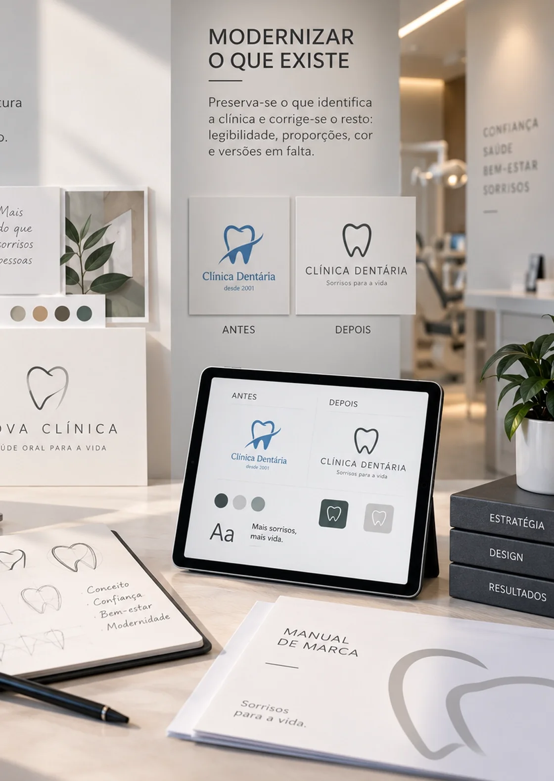 Imagem gráfica para clínicas dentárias Painel de modernização do logótipo de uma clínica dentária, com versões antes e depois, tablet e manual de marca