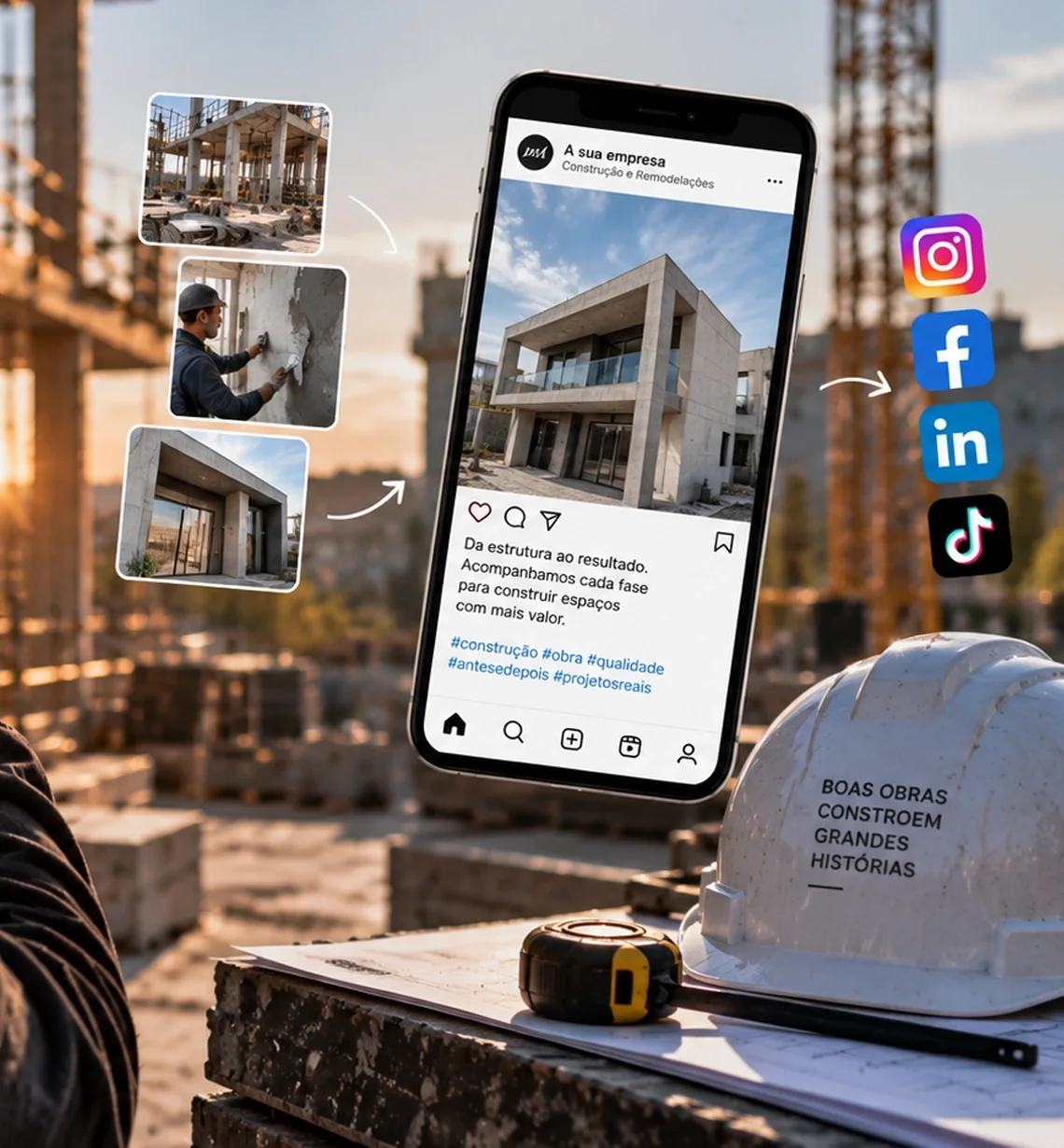 Publicação de Instagram de uma empresa de construção com a sequência da obra até ao edifício concluído, sobre um estaleiro com capacete e fita métrica