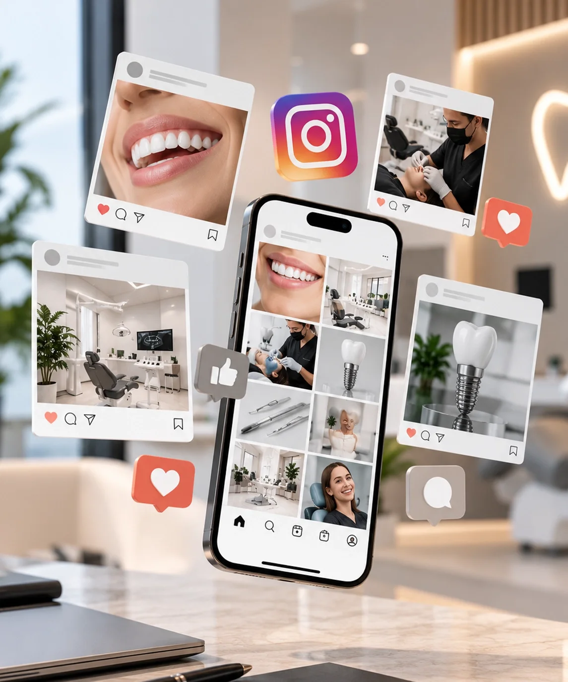 Melhorar a gestão de redes sociais de uma clínica dentária Telemóvel com o perfil de Instagram de uma clínica dentária e publicações a flutuar com gostos e comentários, ícone do Instagram e sorrisos