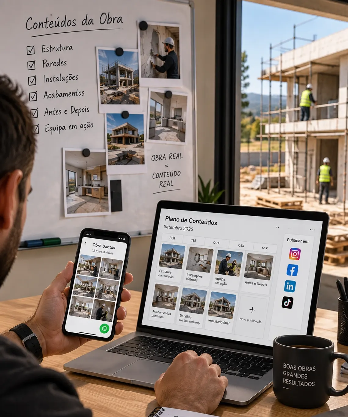 Plano de conteúdos das redes sociais de uma empresa de construção em portátil e telemóvel, com fotografias da obra num quadro e a obra em curso ao fundo