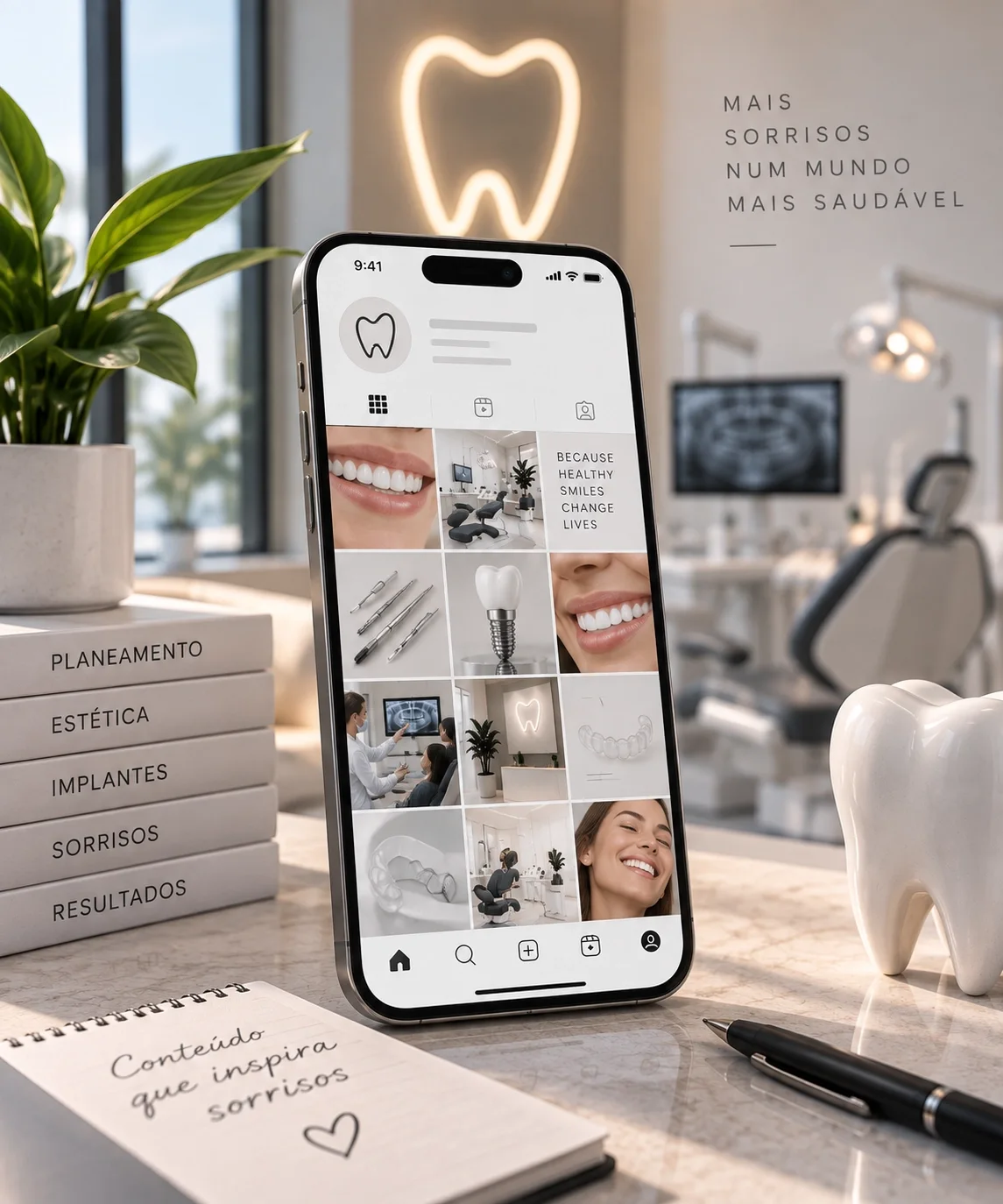 Método Gestão de redes Sociais para Clínicas Dentárias Telemóvel com o feed de Instagram de uma clínica dentária sobre a secretária, com livros de planeamento e o símbolo do dente iluminado ao fundo