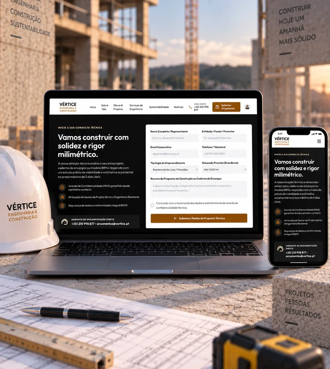 Website de uma empresa de engenharia e construção com formulário de pedido de orçamento, em portátil e telemóvel, sobre um estaleiro com capacete e plantas
