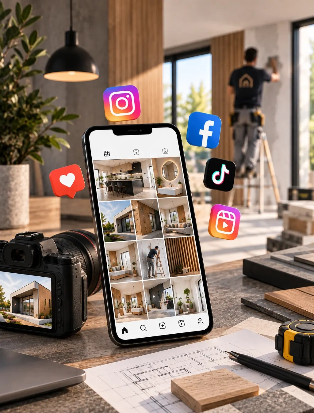 Telemóvel com o perfil de Instagram de uma empresa de remodelações ao lado de uma câmara fotográfica, com um trabalhador em obra ao fundo