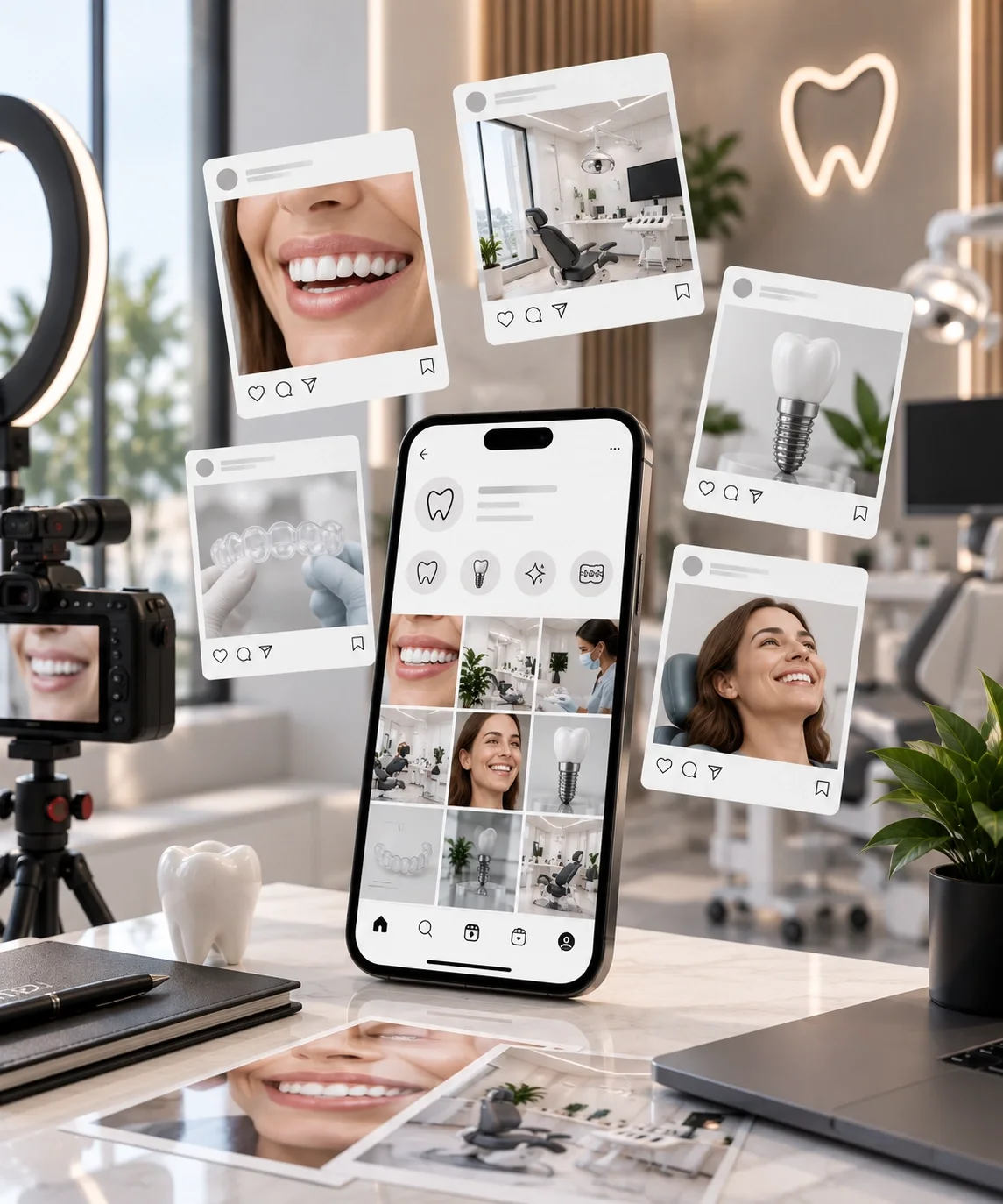 Redes Sociais para Clínicas Dentária Telemóvel com o perfil de Instagram de uma clínica dentária rodeado de publicações de sorrisos, gabinete e implante, com câmara e ring light na secretária