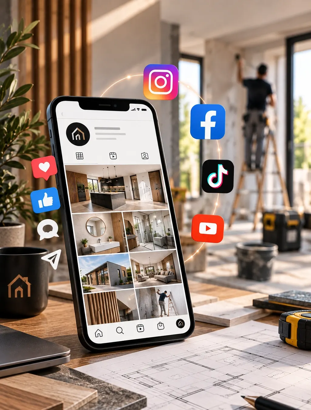 Telemóvel com o perfil de Instagram de uma empresa de remodelações, rodeado dos ícones das redes sociais, numa casa em obras