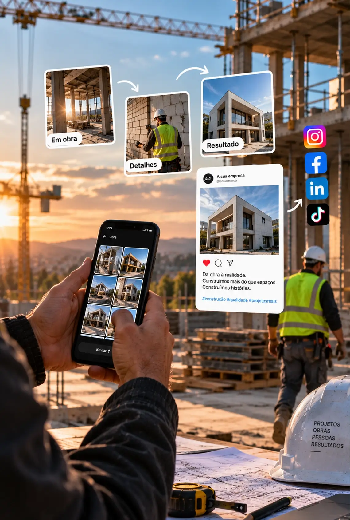 Trabalhador em obra a fotografar com o telemóvel, com uma publicação de antes e depois de uma moradia nas redes sociais e ícones do Instagram, Facebook, LinkedIn e TikTok