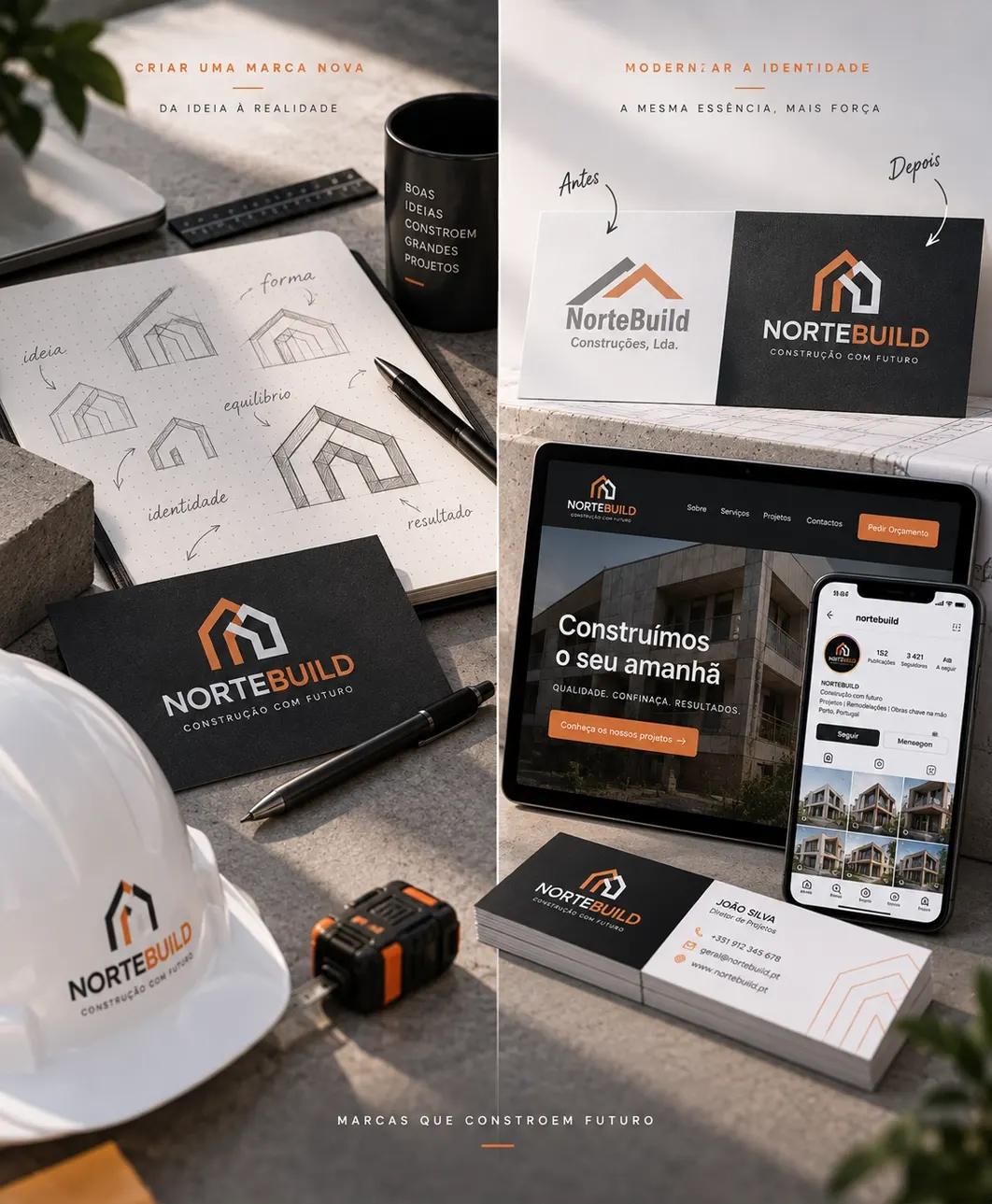 Esboços e versões de um logótipo de empresa de construção, com aplicação em cartão de visita, capacete e website em tablet e telemóvel
