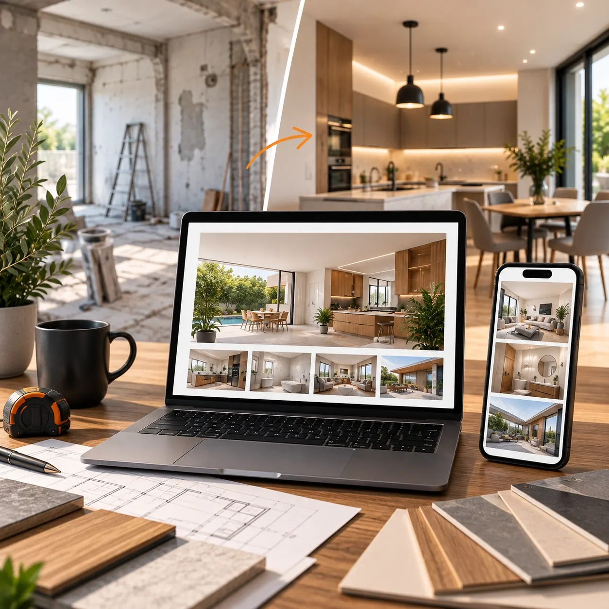 Sites para Empresas de Remodelações Website de uma empresa de remodelações em computador e telemóvel