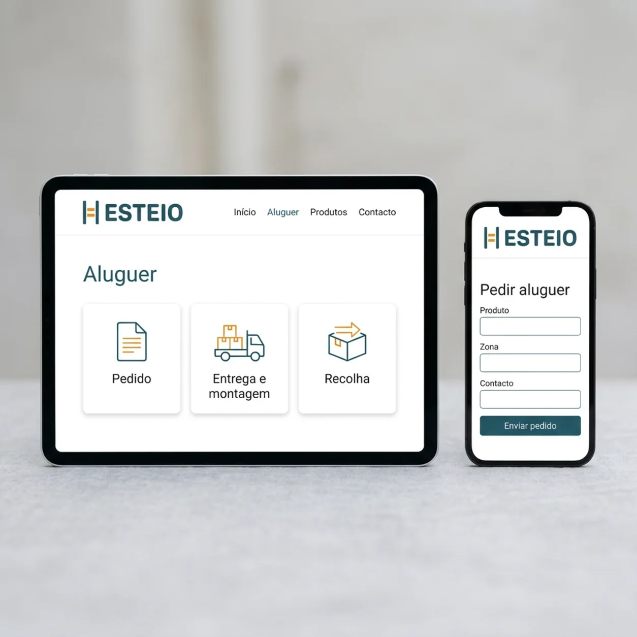 Tablet e telemóvel com a página de aluguer de uma empresa de ajudas técnicas Tablet e telemóvel com a página de aluguer de uma empresa de ajudas técnicas