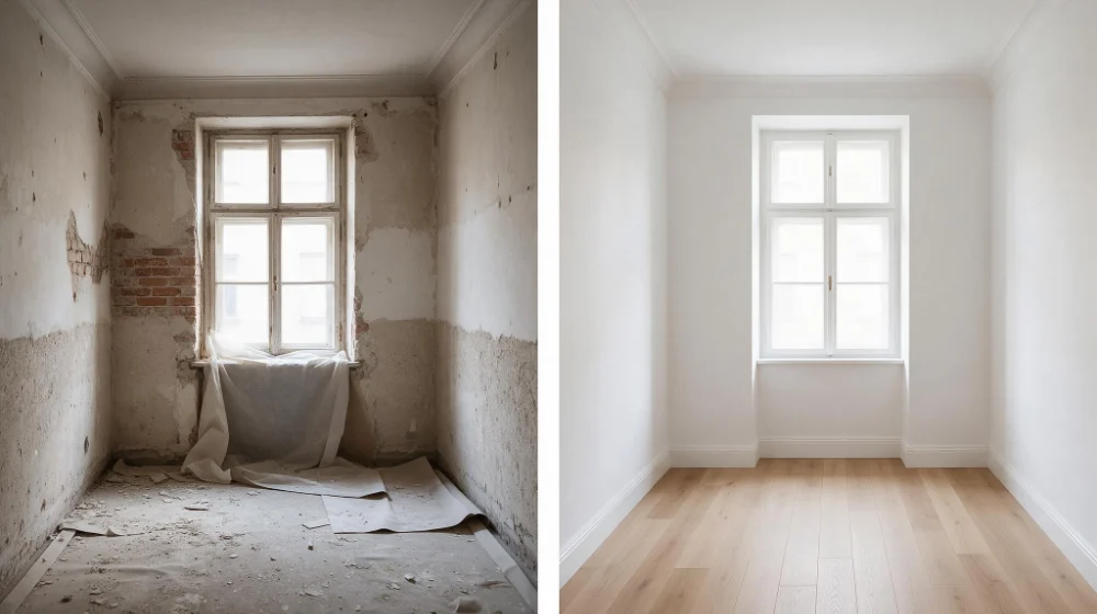 Fotografia de antes e depois de uma obra com o mesmo enquadramento