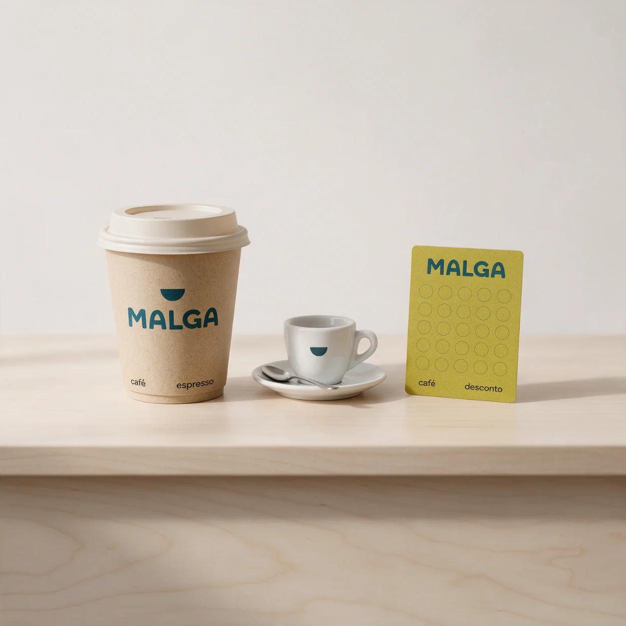 Copo para levar, chávena e cartão de carimbos com o logótipo de um café
