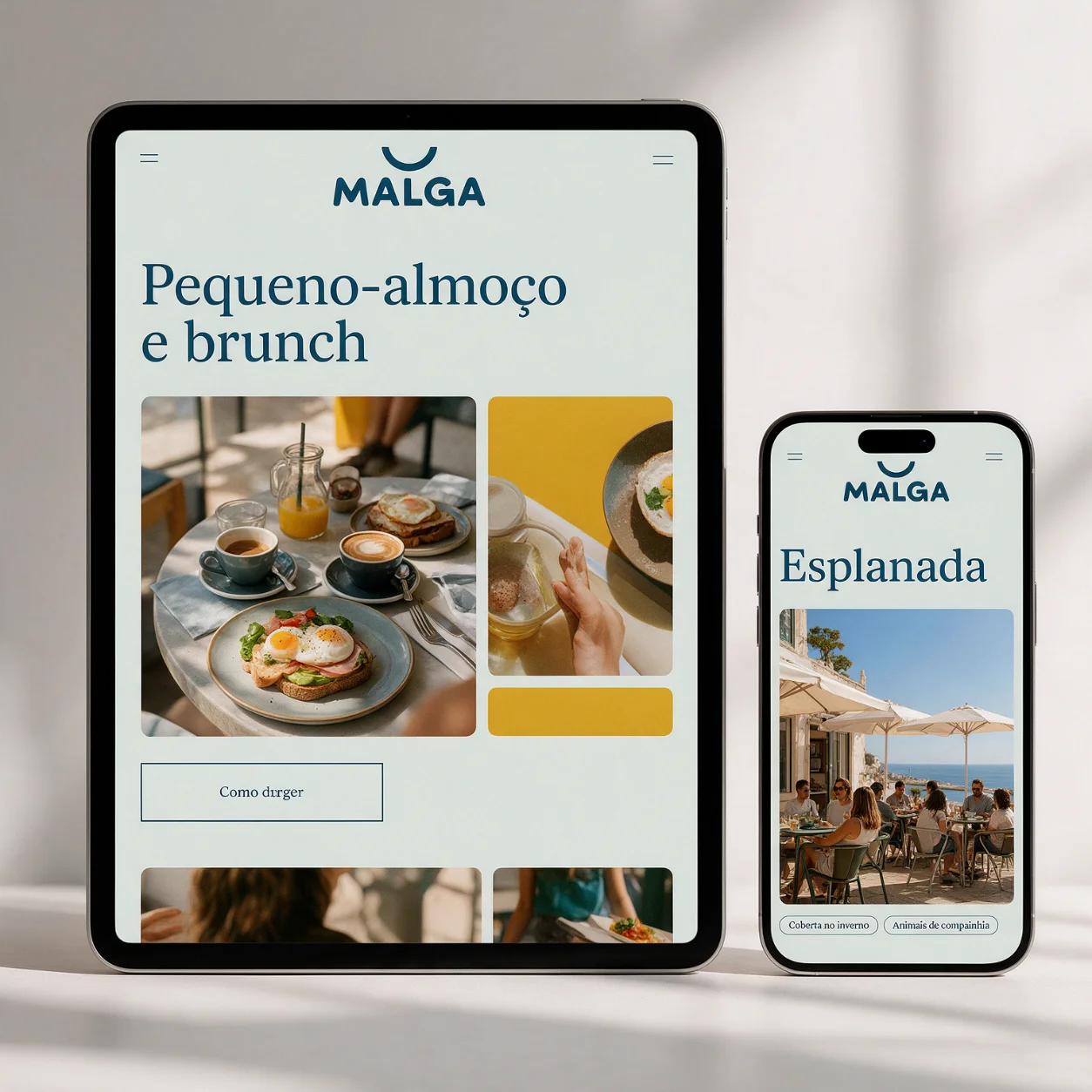 Tablet e telemóvel com as páginas de pequeno-almoço e de esplanada de um café