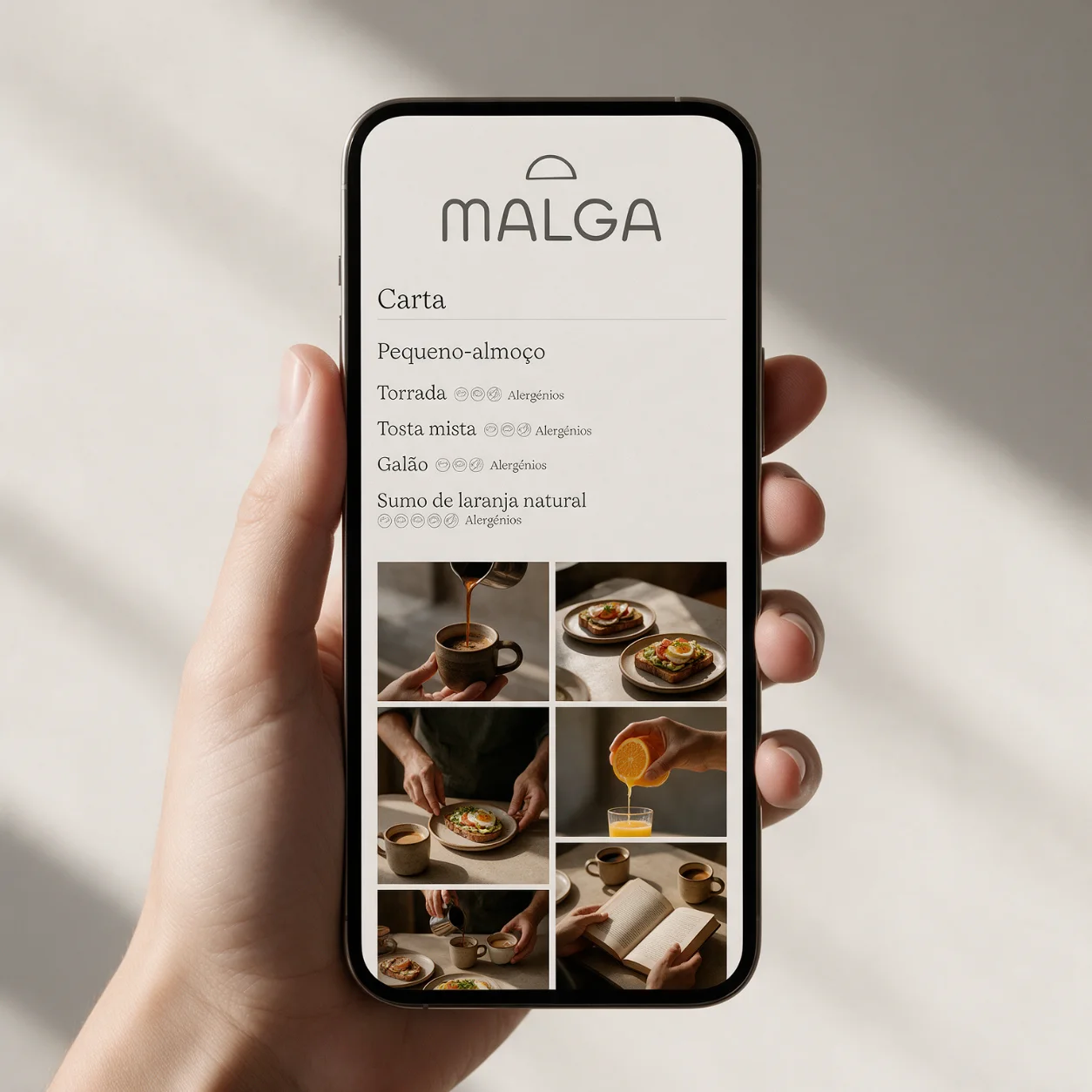 Telemóvel com a carta e os alergénios de um café