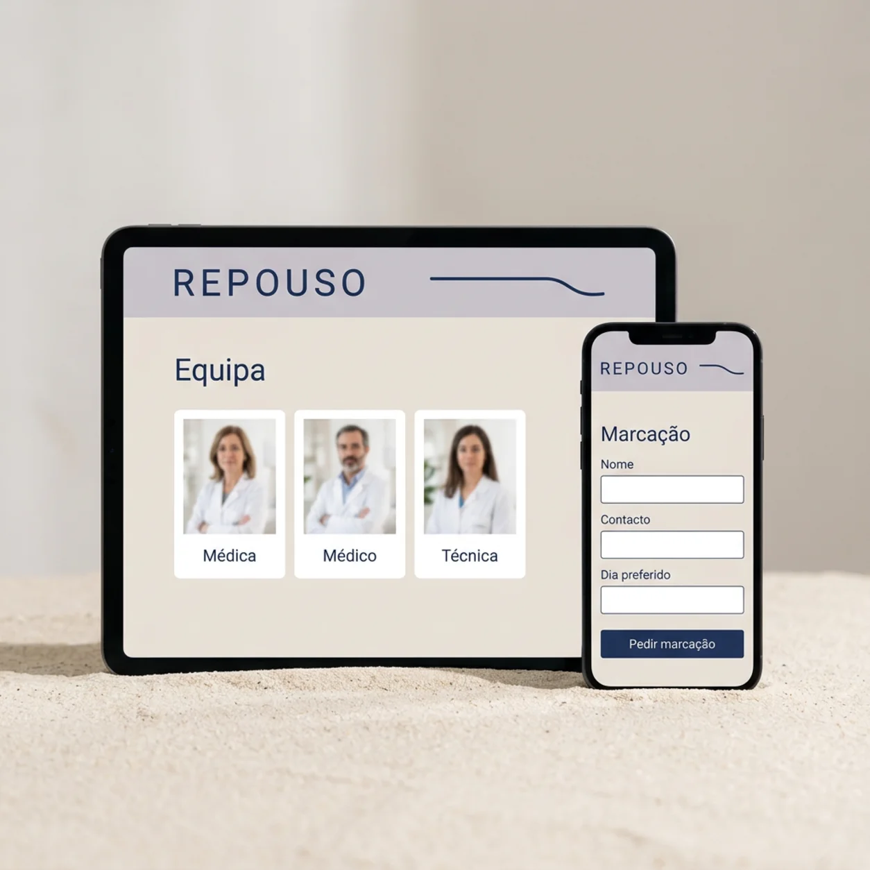 Tablet e telemóvel com a equipa e a marcação de uma clínica do sono