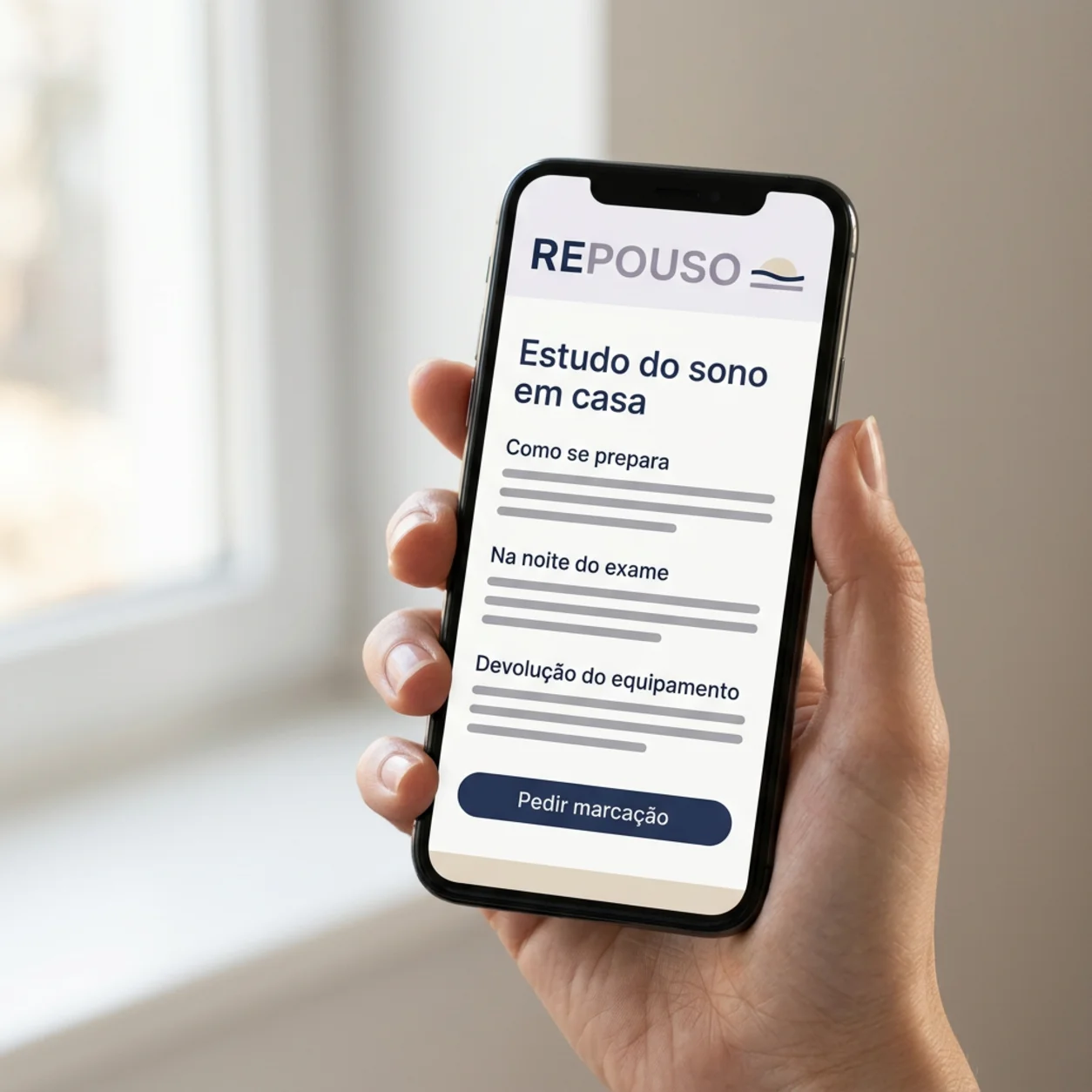 Telemóvel com a página do estudo do sono em casa de uma clínica