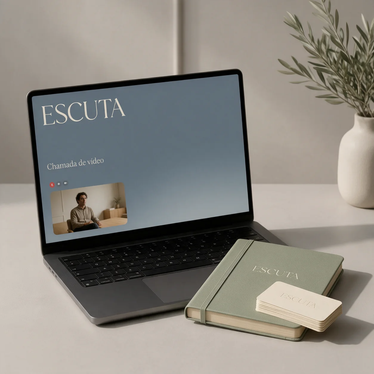 Caderno de trabalho, portátil com fundo de videochamada e cartões com o logótipo de um coach