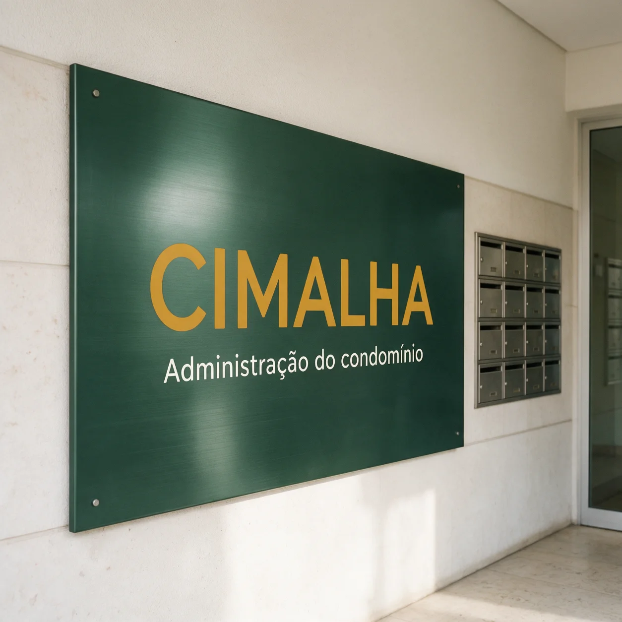 Placa à entrada de um prédio com o logótipo da empresa de administração do condomínio