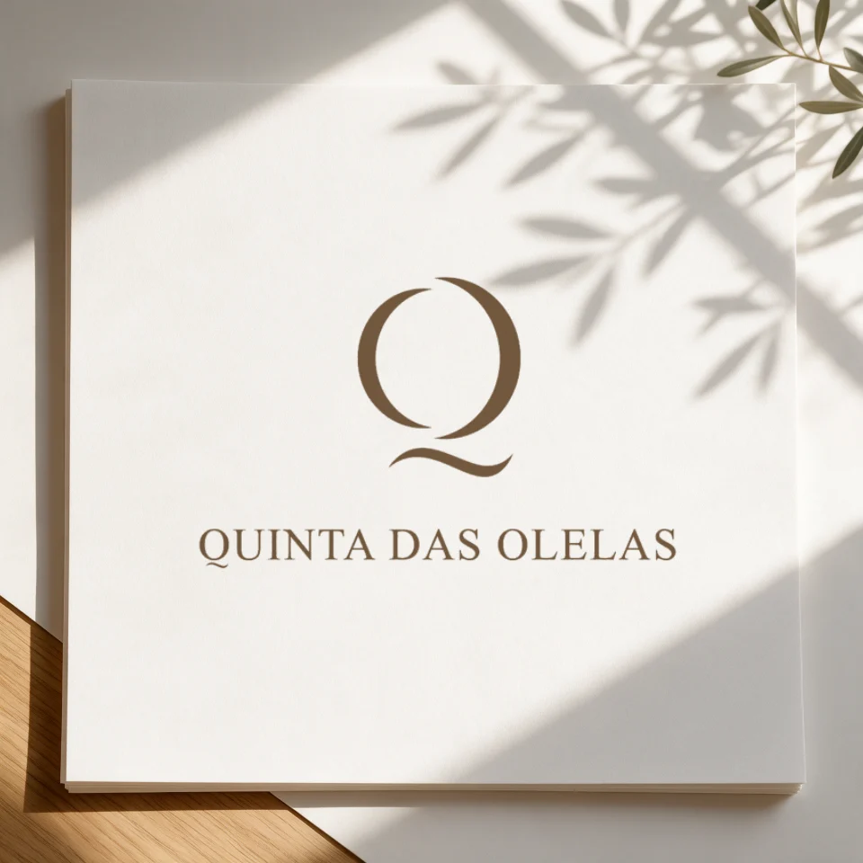 Logótipo da Quinta das Olelas, monograma Q e nome em letra serifada, impresso em papel texturado