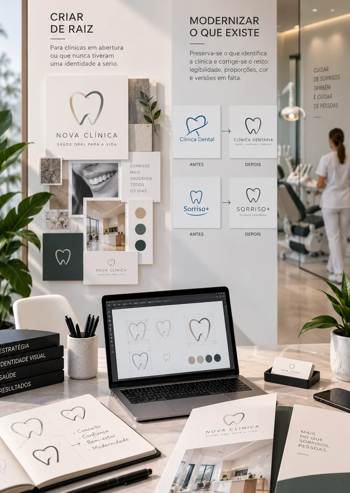 criação de novo logotipo para clínica dentária Painel com as opções criar de raiz ou modernizar o logótipo de uma clínica dentária, com estudos do símbolo em portátil e caderno