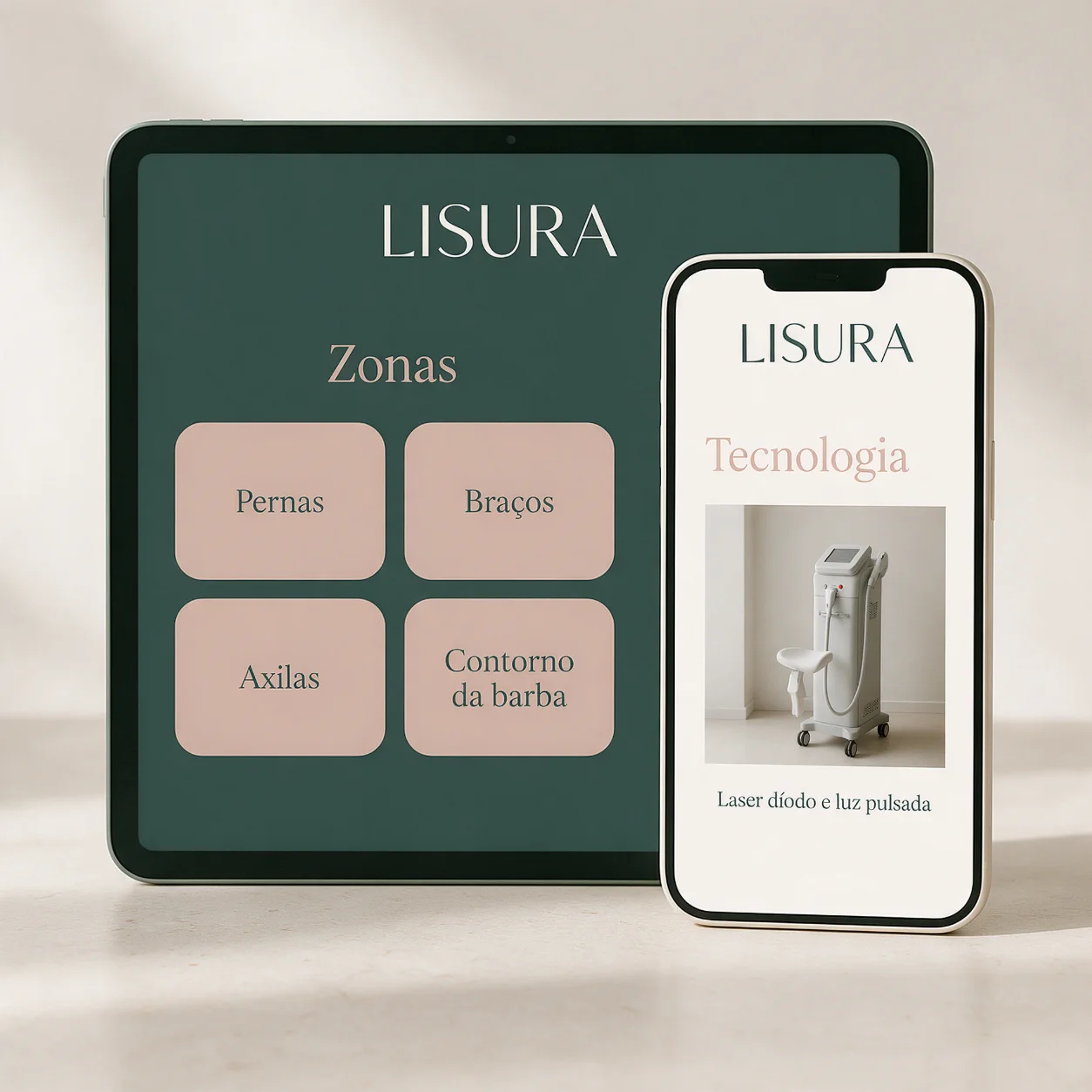 Tablet e telemóvel com as páginas de zonas e de tecnologia de um centro de depilação laser