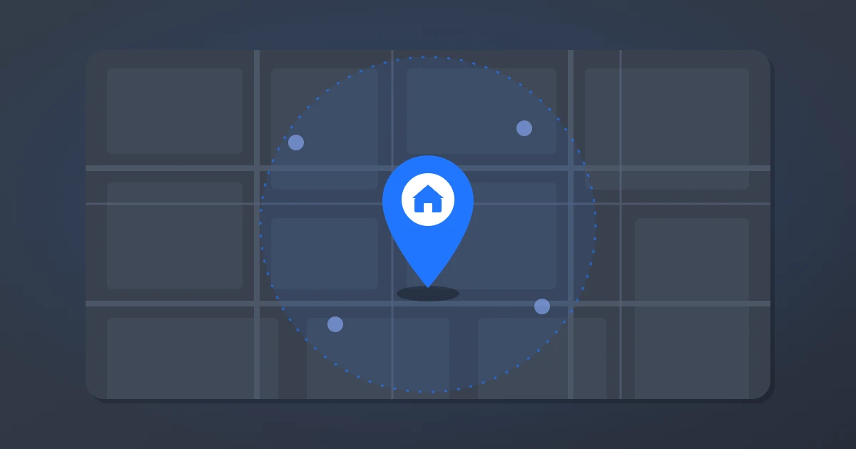 Mapa com uma área de serviço delimitada e um marcador de localização com uma casa