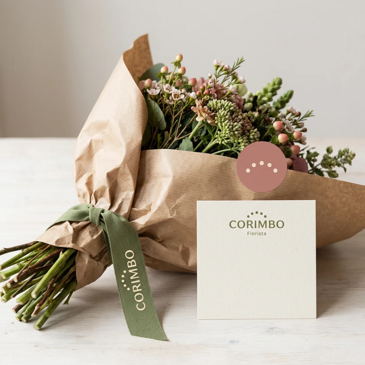 Criação de logótipo para floristas: ramo com papel, fita e cartão da marca Criação de logótipo para floristas: ramo com papel, fita e cartão da marca