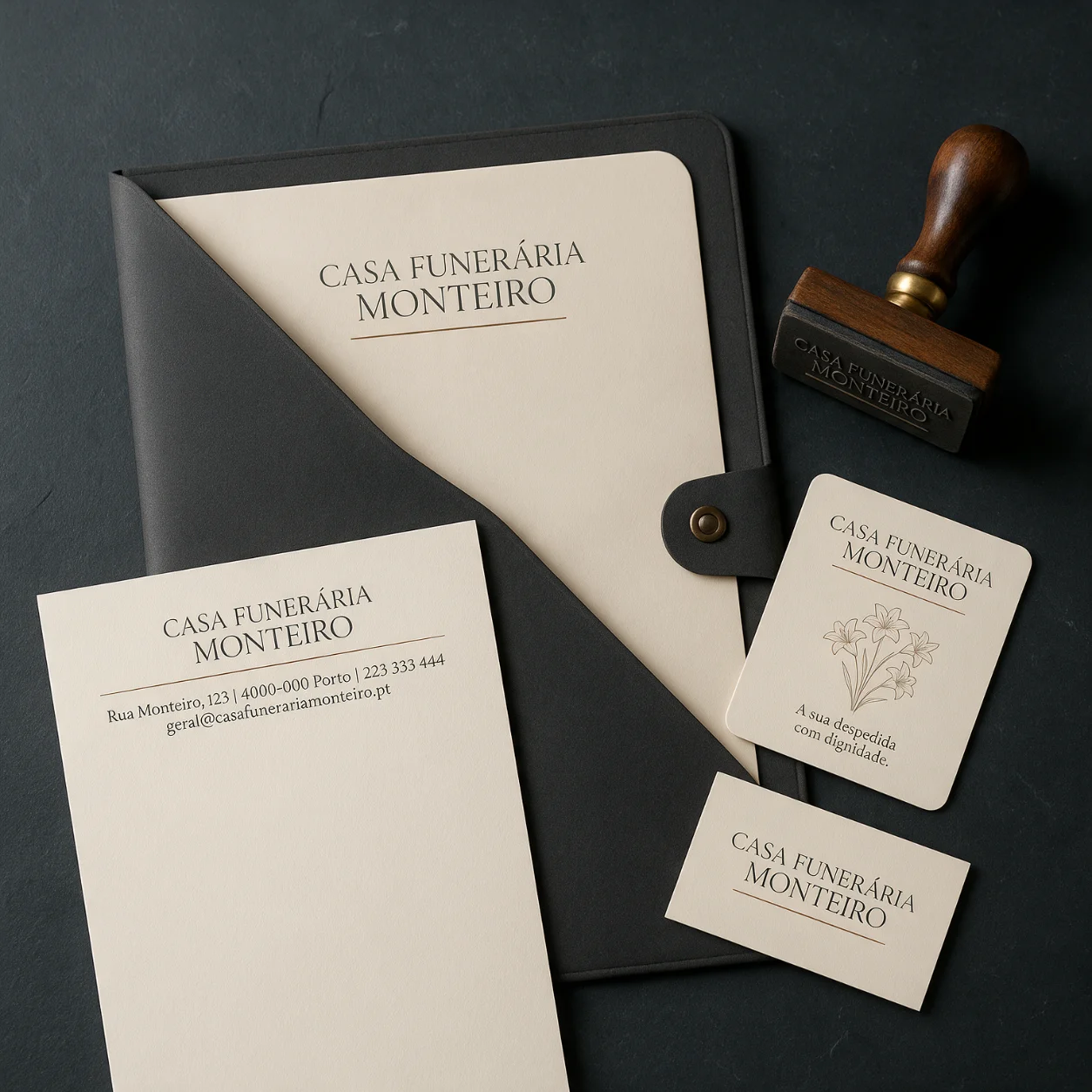 Kit de identidade de uma agência funerária com logótipo aplicado