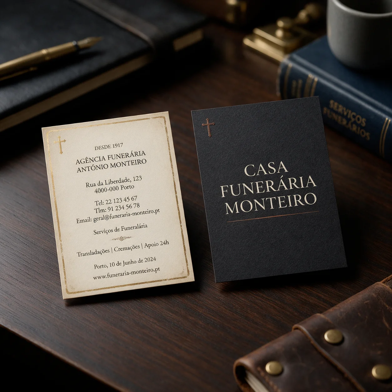 Cartão de agência funerária antigo e cartão novo com a marca renovada