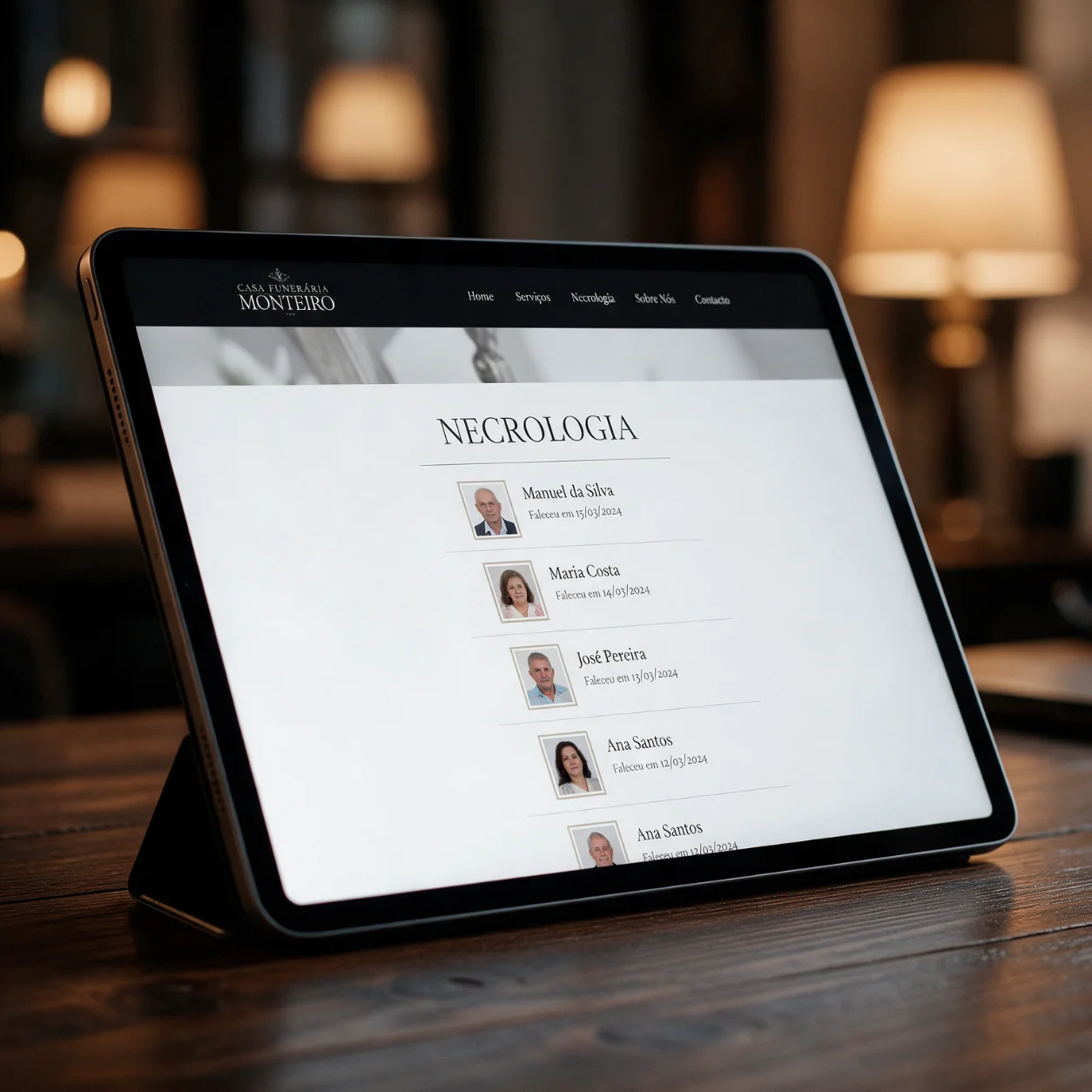 Tablet e telemóvel com páginas do site de uma agência funerária