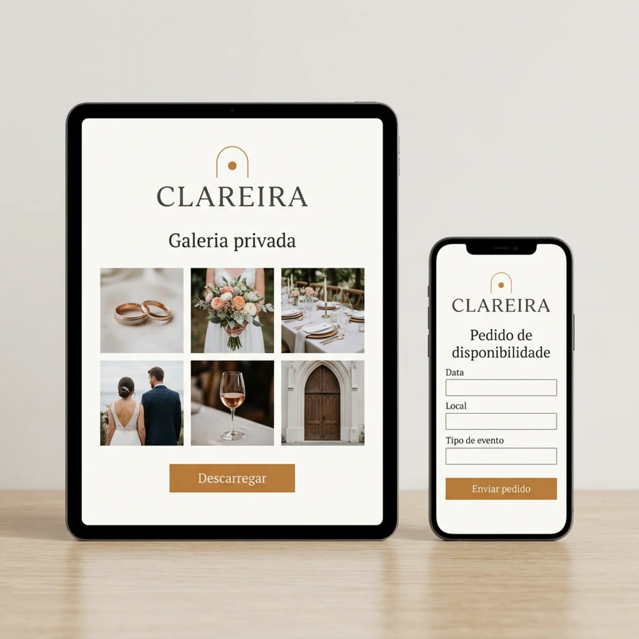 Tablet e telemóvel com a galeria privada e o pedido de disponibilidade de um fotógrafo