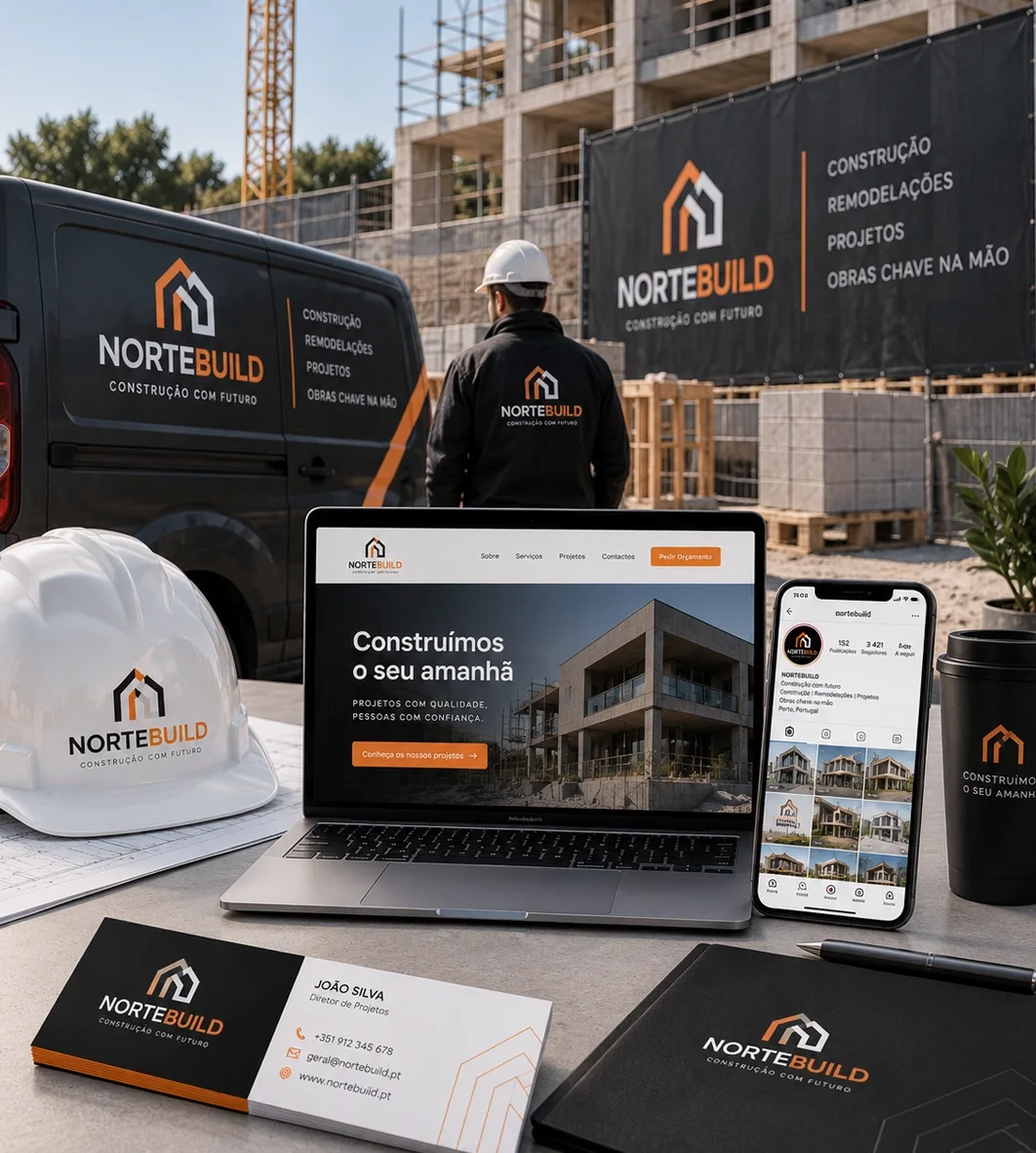 Logótipo de uma empresa de construção aplicado em vestuário, capacete, carrinha, cartão de visita e website em portátil e telemóvel