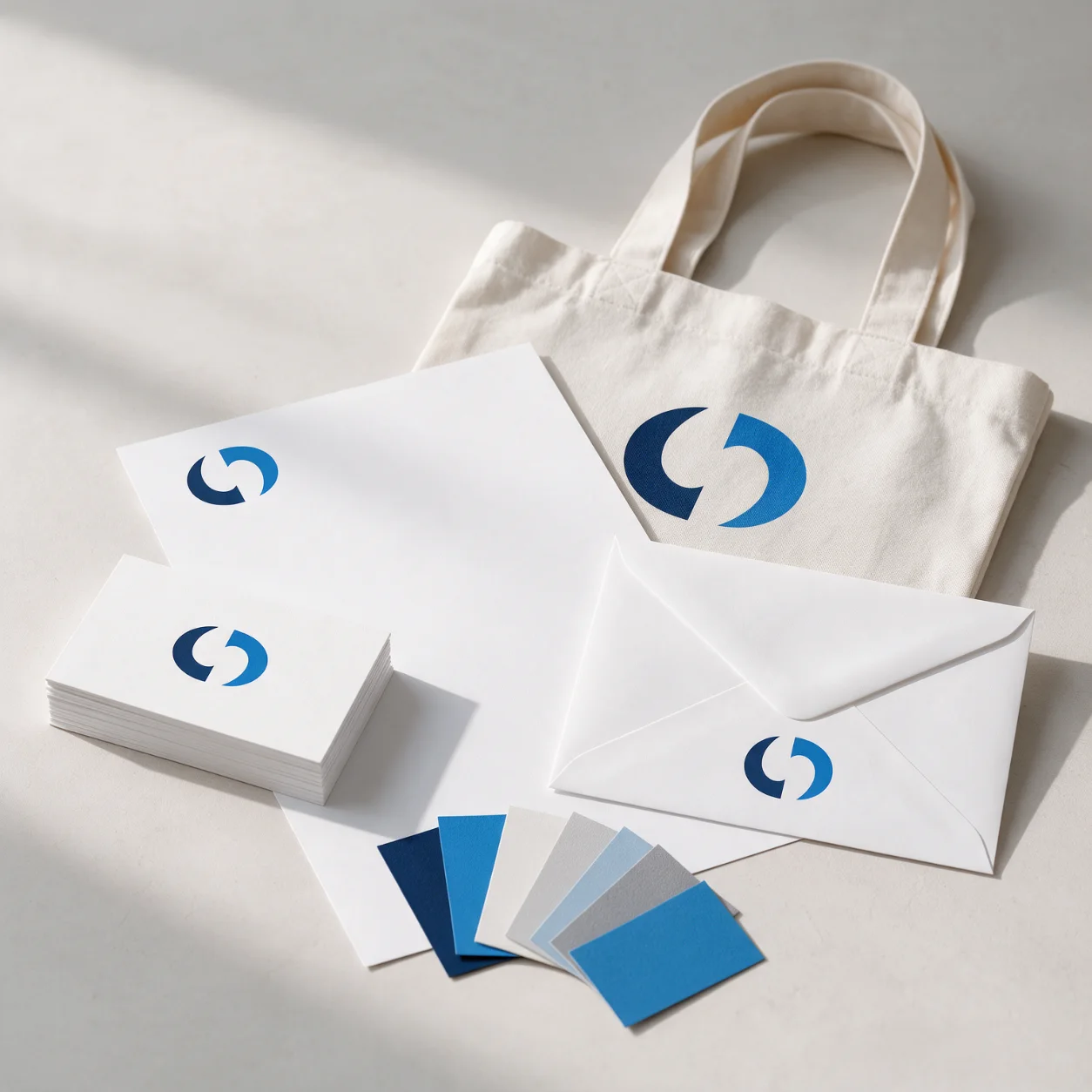 Cartões de visita, papel timbrado e saco com um símbolo de marca abstrato