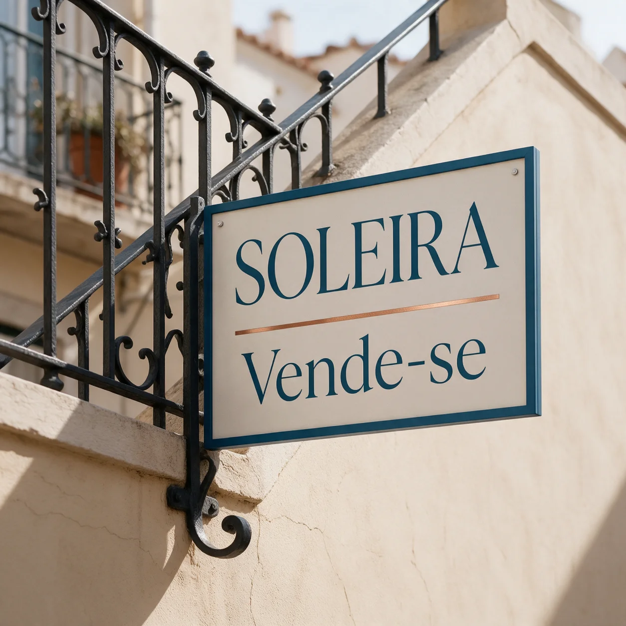 Placa de venda com o logótipo de uma imobiliária na varanda de um apartamento