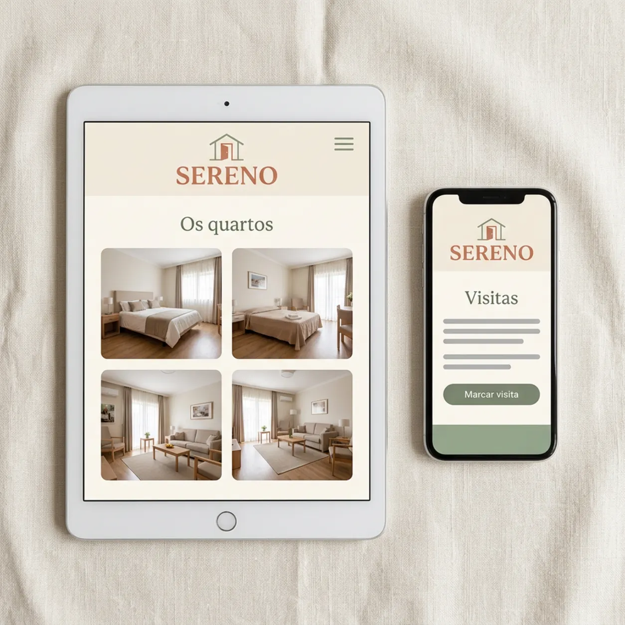 Tablet e telemóvel com os quartos e as visitas de um lar de idosos Tablet e telemóvel com os quartos e as visitas de um lar de idosos