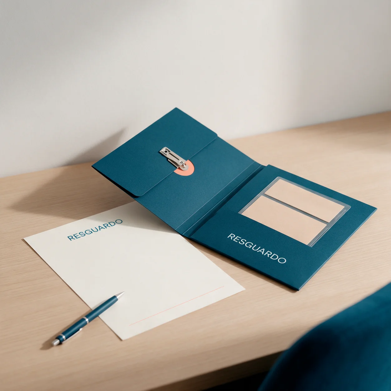 Papel de carta e pasta de proposta com o logótipo de um mediador de seguros