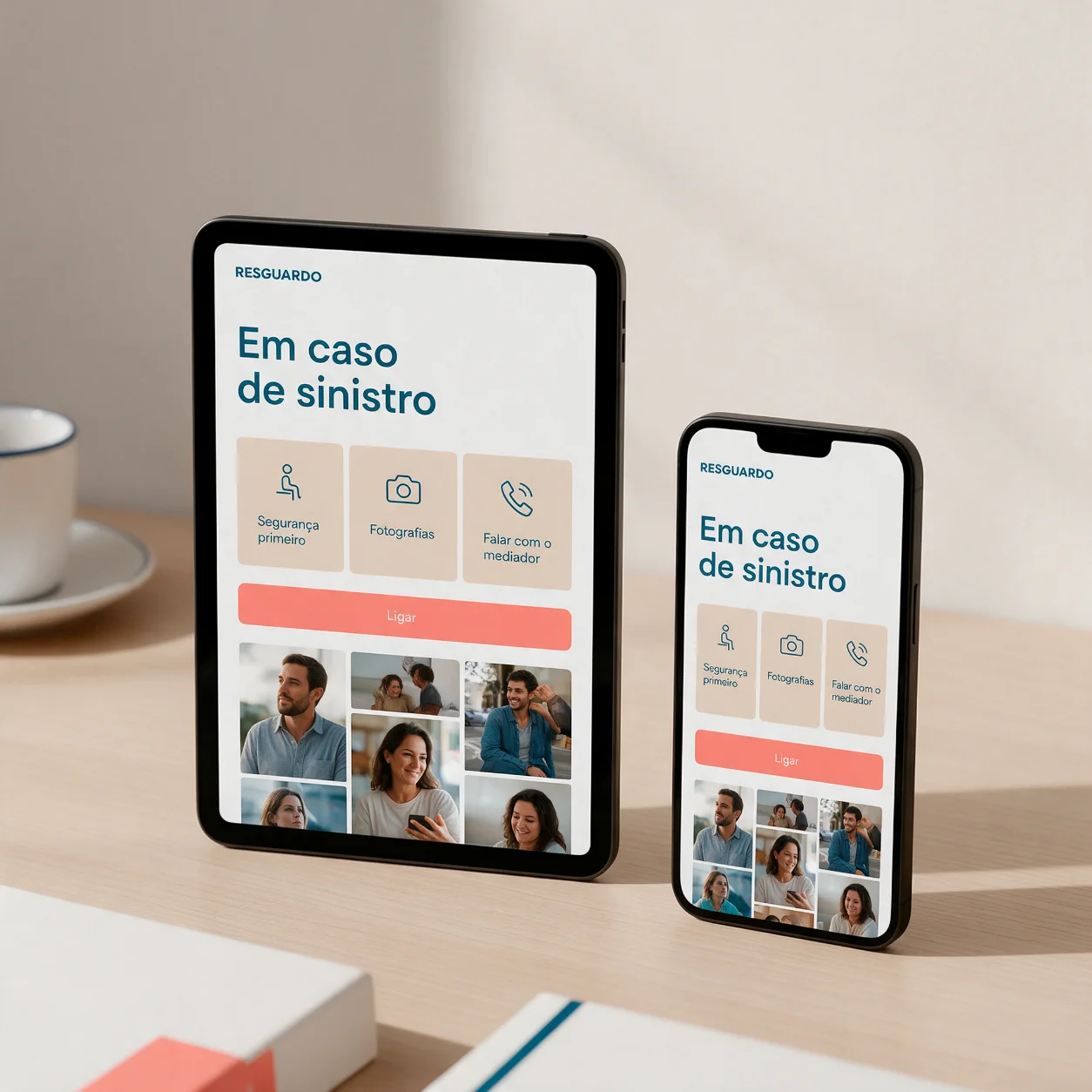 Tablet e telemóvel com a página de sinistros de um mediador de seguros