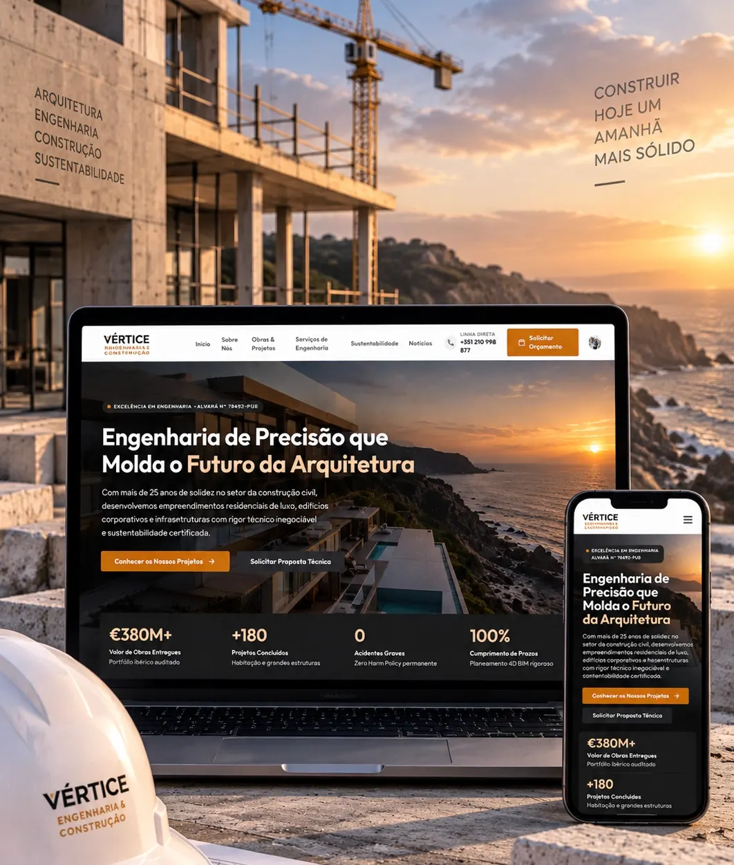 Página inicial do website de uma empresa de engenharia e construção, em portátil e telemóvel, com obra, grua e capacete em fundo