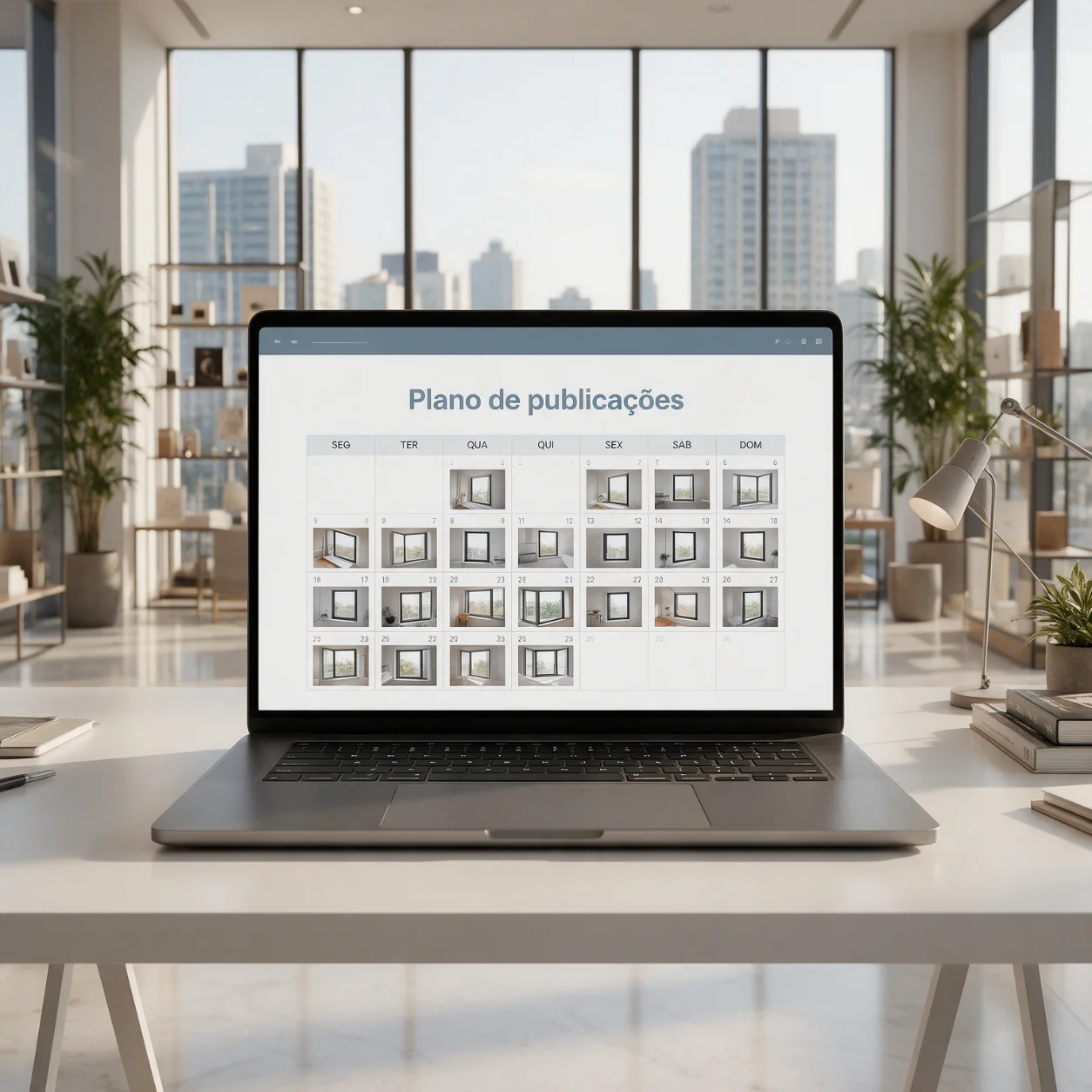 Portátil com o calendário de publicações de uma empresa de caixilharia