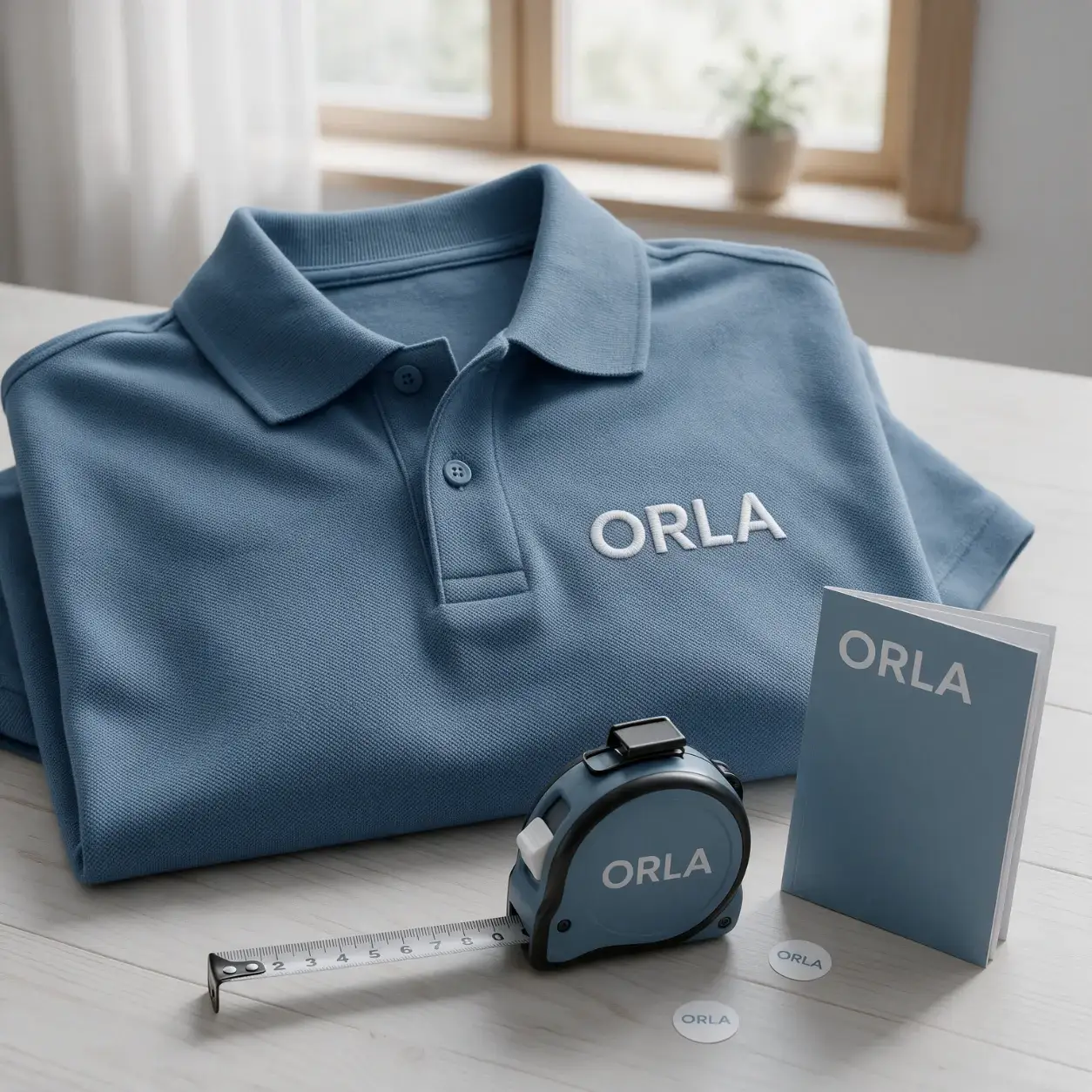 Polo, fita métrica e autocolantes com a marca de uma empresa de caixilharia