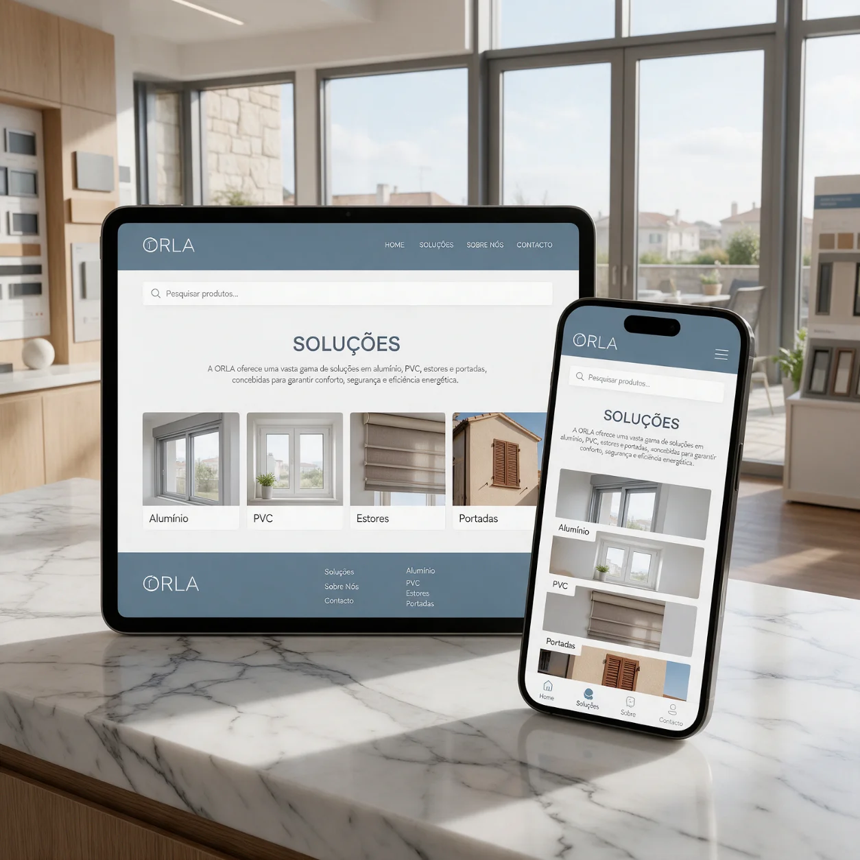 Tablet e telemóvel com as soluções de uma empresa de caixilharia