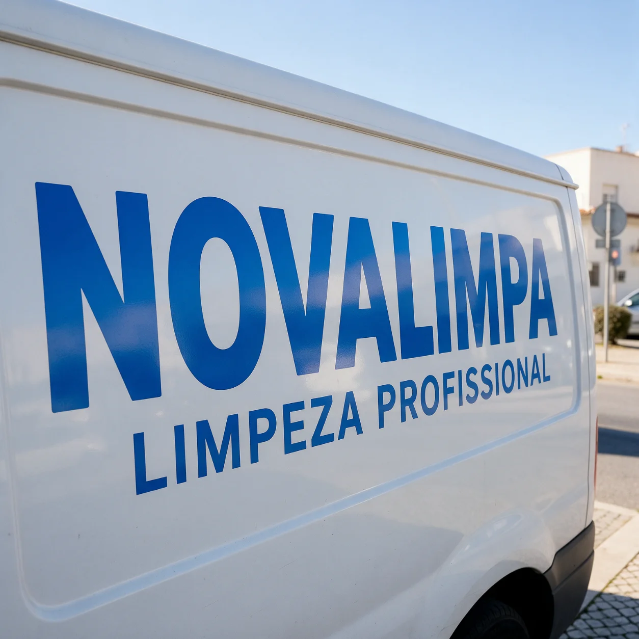 Lateral de carrinha de empresa de limpeza com a marca em vinil Lateral de carrinha de empresa de limpeza com a marca em vinil