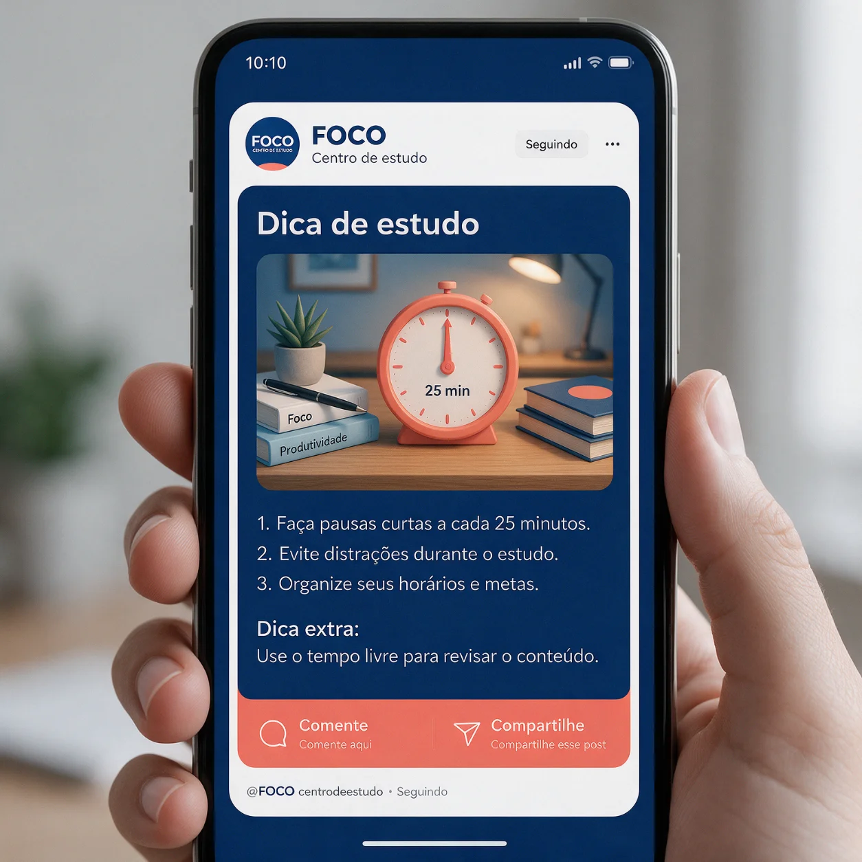 Telemóvel com uma publicação de dica de estudo