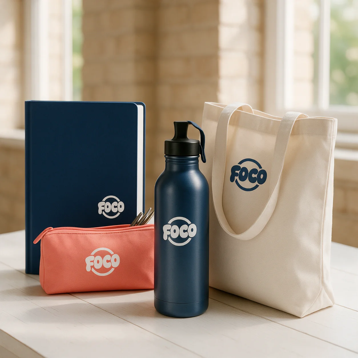 Caderno, estojo e garrafa com a marca de um centro de estudos