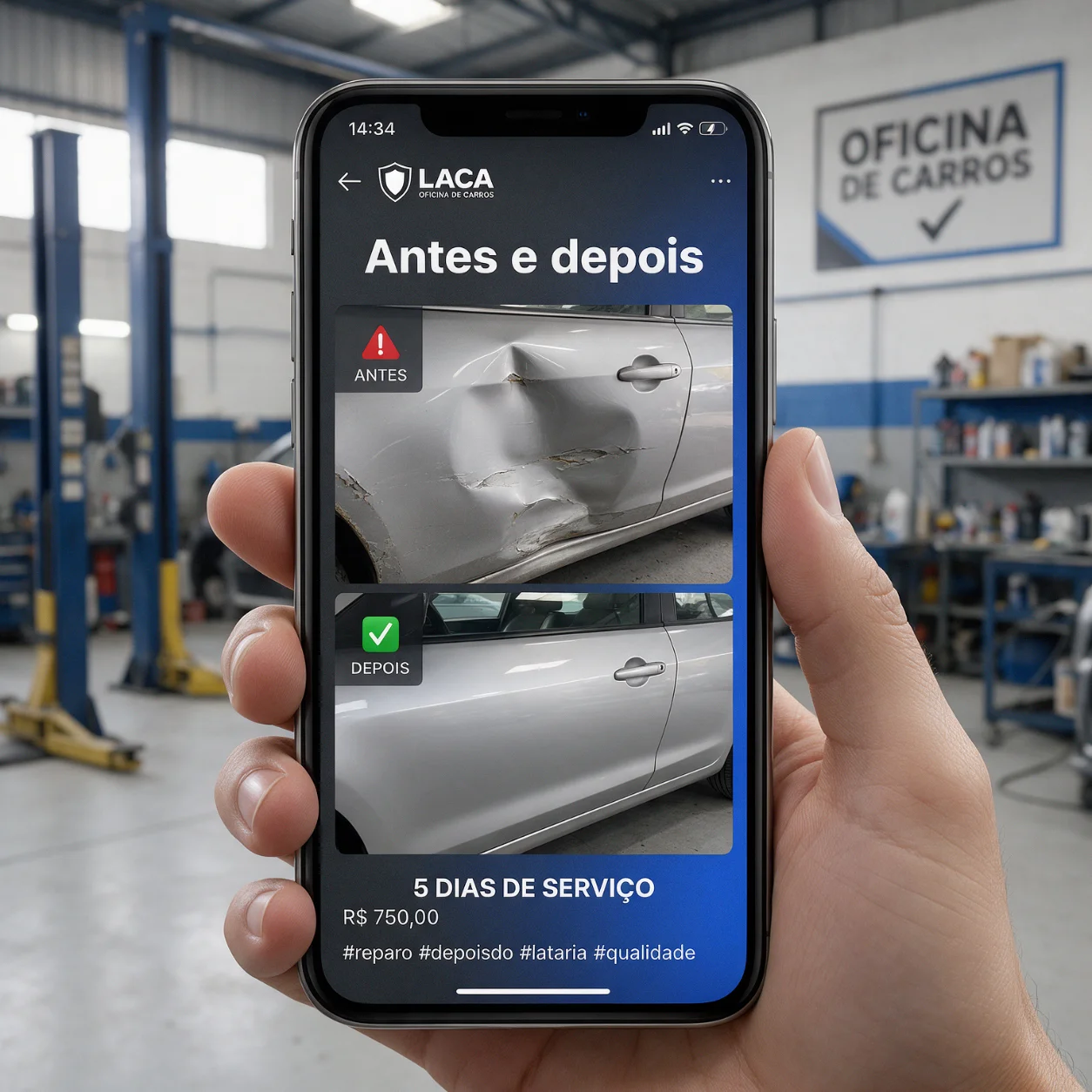 Telemóvel com uma publicação de antes e depois de uma reparação