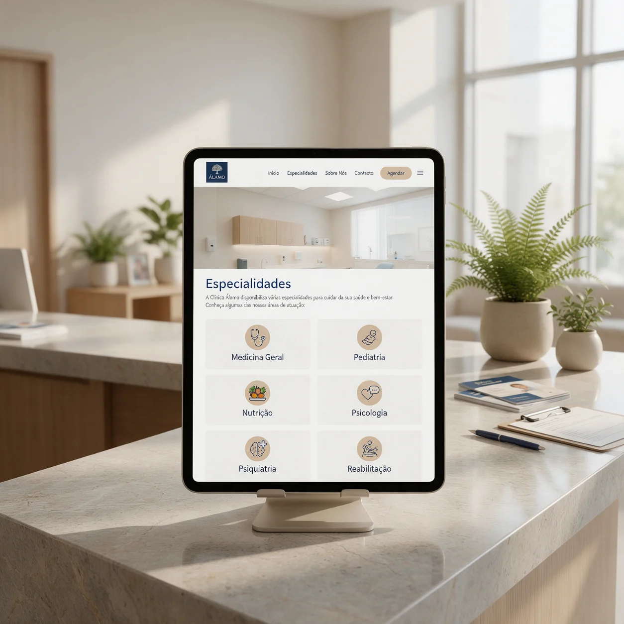 Tablet com as especialidades de uma clínica médica