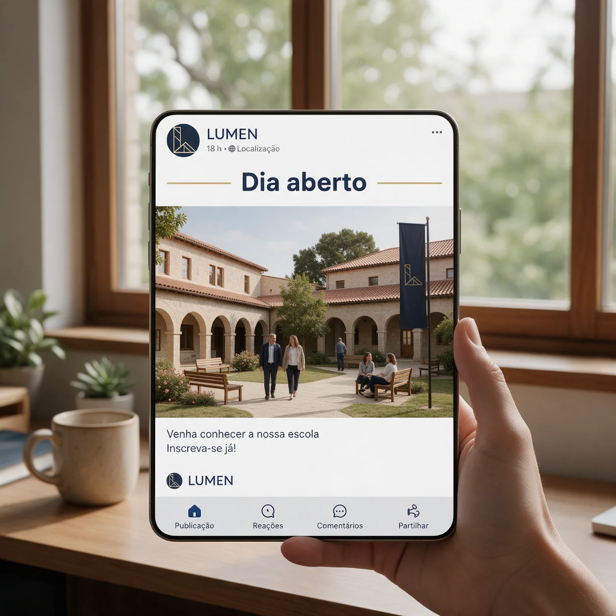 Telemóvel com uma publicação do dia aberto de um colégio