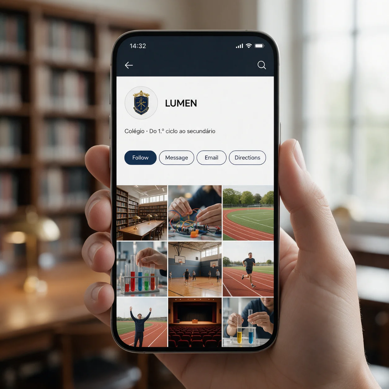 Telemóvel com o perfil de Instagram de um colégio