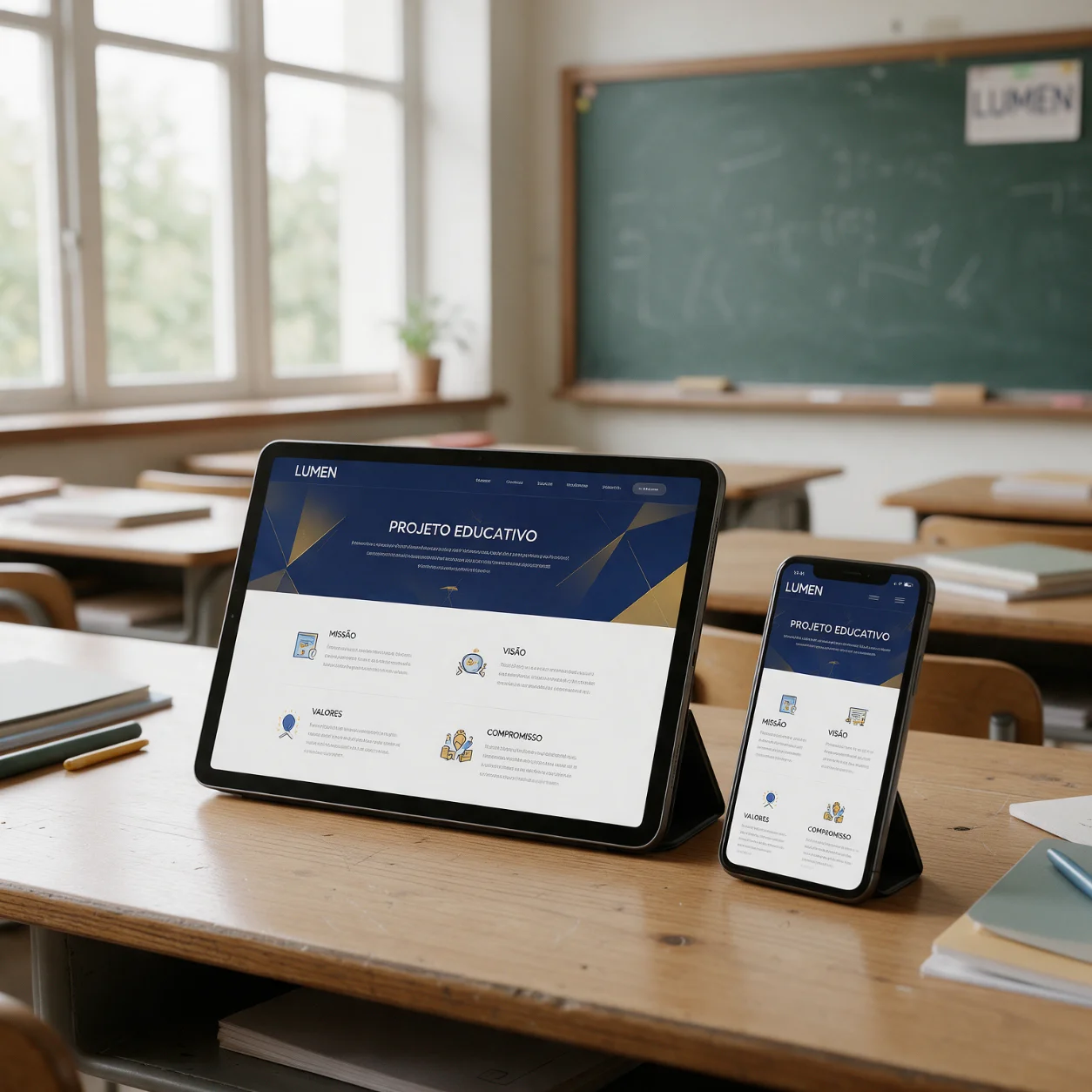 Tablet e telemóvel com o projeto educativo de um colégio